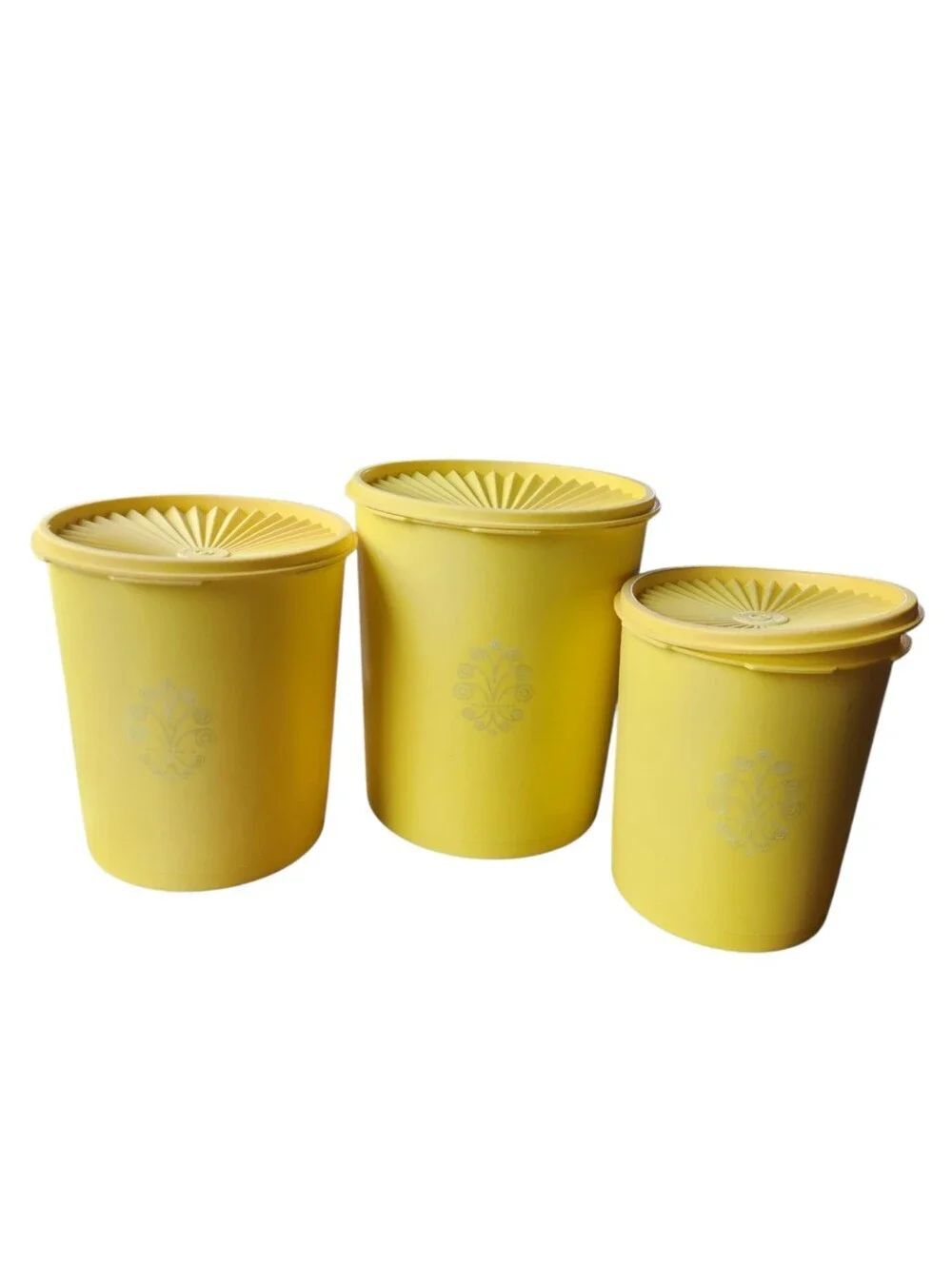 Vintage Tupperware Servalier Canister Set Yellow 6 Pc Starburst Lid 805 807 809